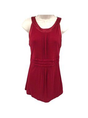 Ann Taylor Loft Red Sleeveless Pleated Front Satin Trim Tunic Blouse Size S